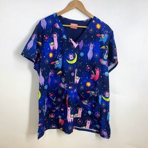 Ava Therese Women's Scrub Top V-Neck Short Sleeve Astro Llama Space Size XL NWT
